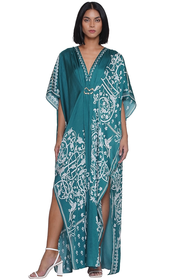 Green & White Satin Printed Kaftan by Limerick By Abirr N' Nanki at Pernia's Pop Up Shop