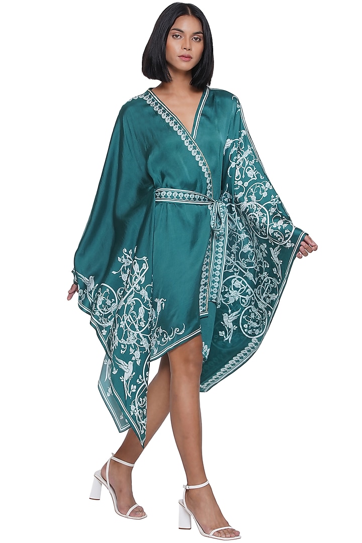 Green & White Satin Printed Kaftan Dress by Limerick By Abirr N' Nanki at Pernia's Pop Up Shop