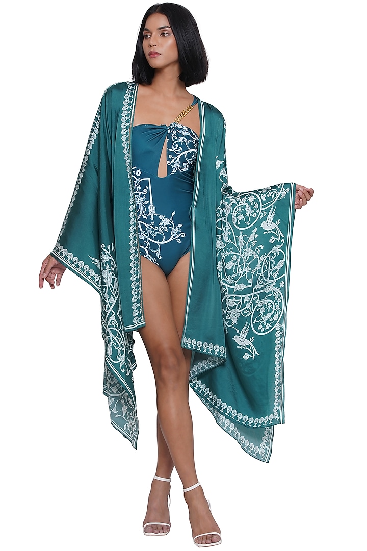 Green & White Satin Printed Kaftan Summer Dress by Limerick By Abirr N' Nanki at Pernia's Pop Up Shop