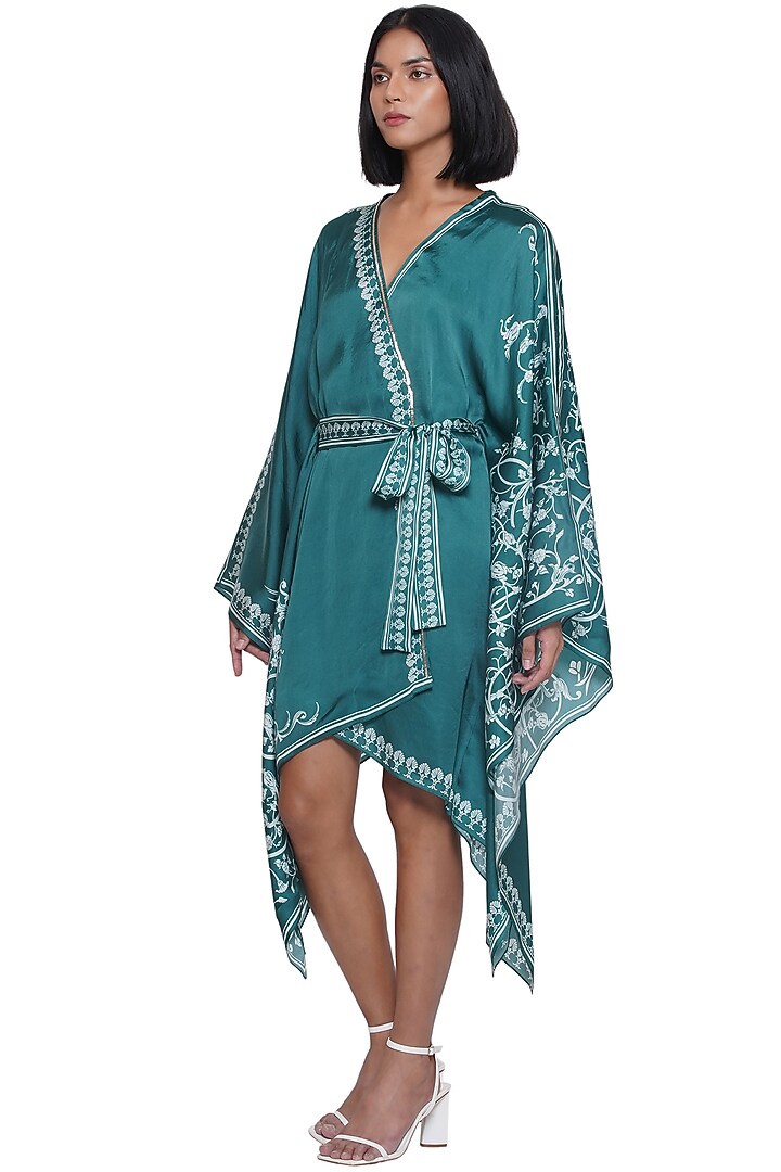 Green & White Satin Printed Kaftan Summer Dress by Limerick By Abirr N' Nanki at Pernia's Pop Up Shop