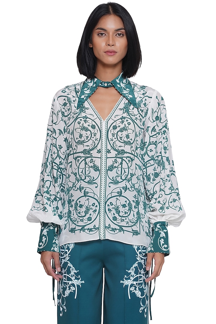 White & Green Crepe Printed Shirt by Limerick By Abirr N' Nanki at Pernia's Pop Up Shop