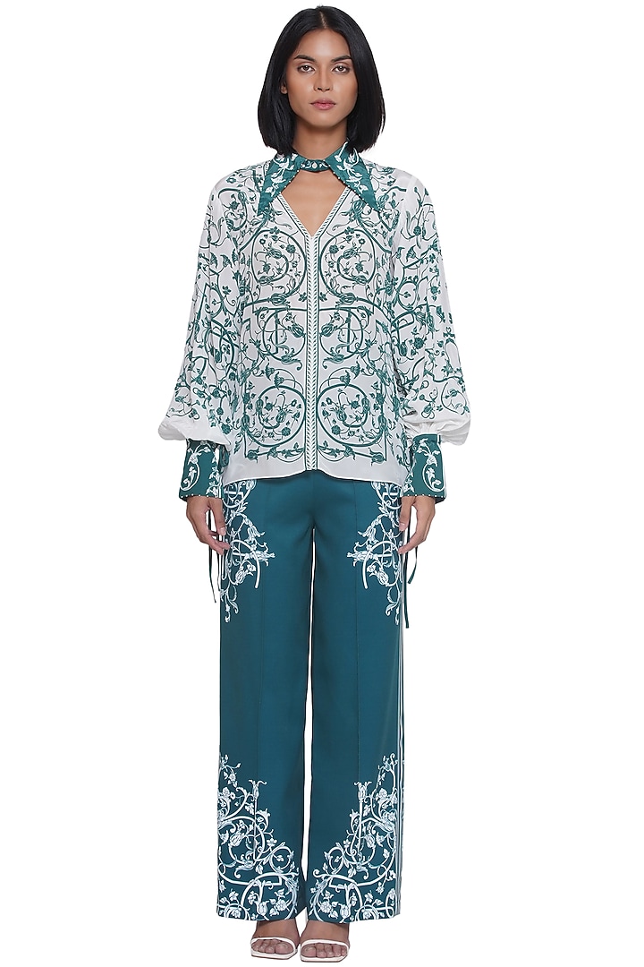 White & Green Crepe Printed Shirt by Limerick By Abirr N' Nanki at Pernia's Pop Up Shop