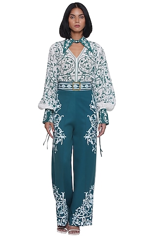 Green & White Brushed Crepe Printed Pants by Limerick By Abirr N' Nanki