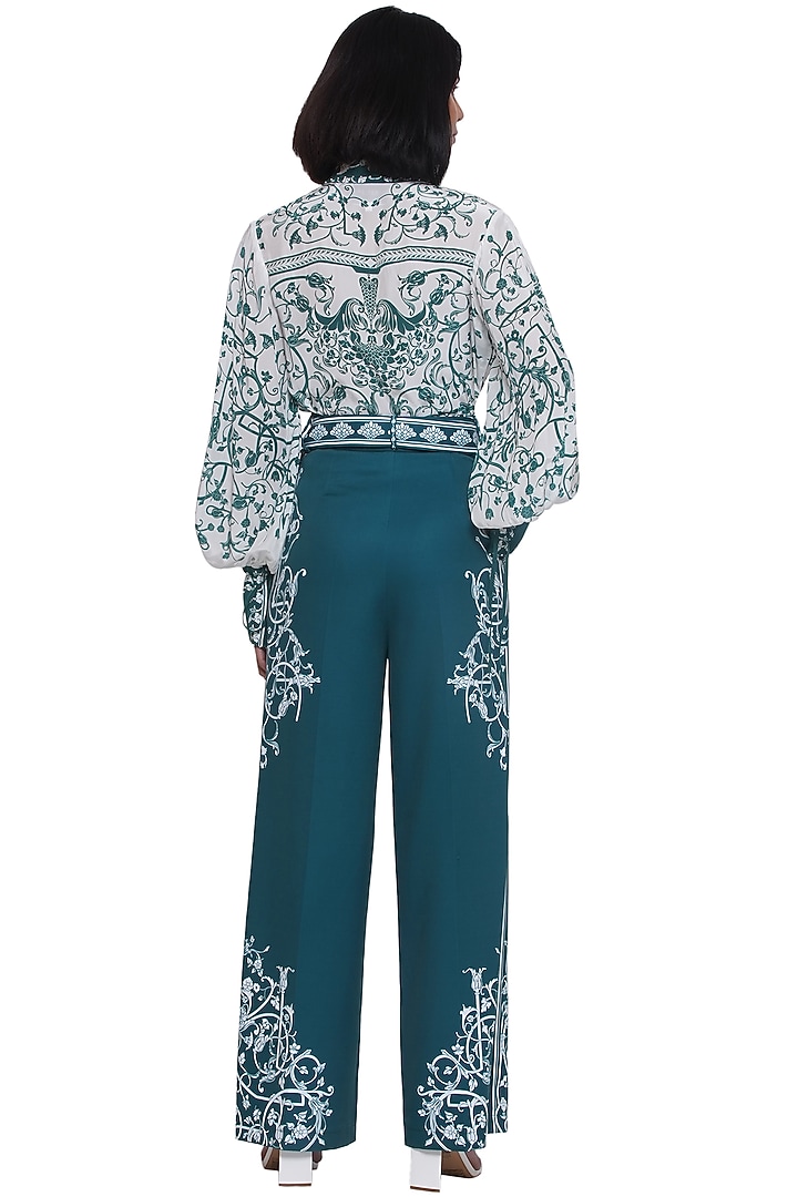 Green & White Brushed Crepe Printed Pants by Limerick By Abirr N' Nanki at Pernia's Pop Up Shop