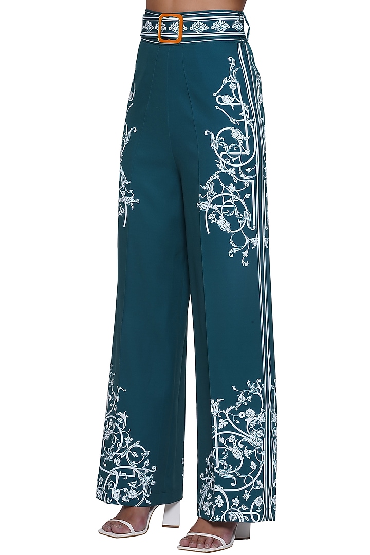 Green & White Brushed Crepe Printed Pants by Limerick By Abirr N' Nanki at Pernia's Pop Up Shop