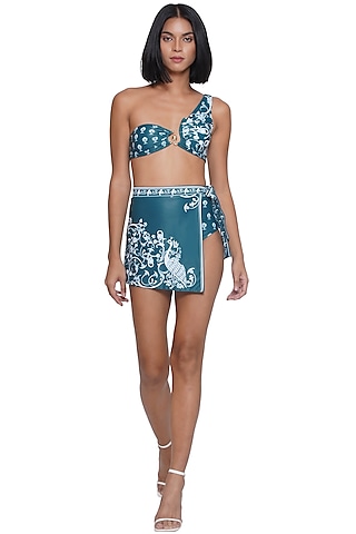Green Spandex Blend Printed Bikini Set by Limerick By Abirr N' Nanki