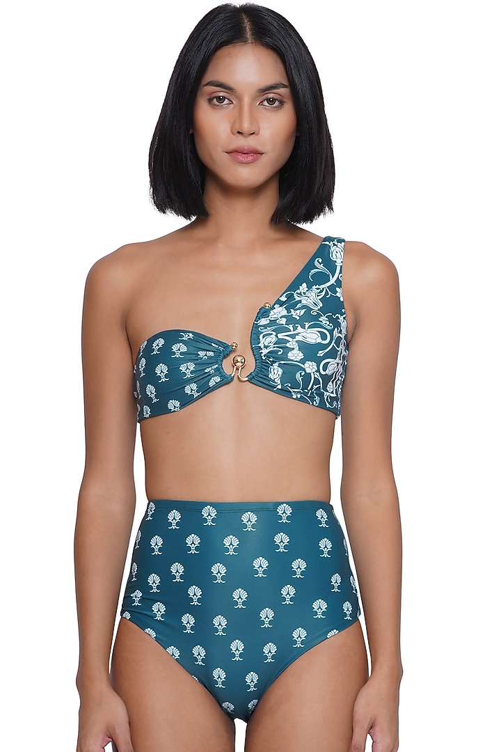 Green Spandex Blend Printed Bikini Set by Limerick By Abirr N' Nanki at Pernia's Pop Up Shop