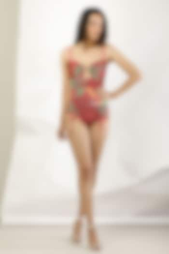 Red Polyester & Spandex Printed Monokini by Limerick By Abirr N' Nanki at Pernia's Pop Up Shop