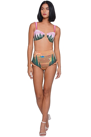 Multi-Colored Polyester Spandex Printed Bikini Set by Limerick By Abirr N' Nanki