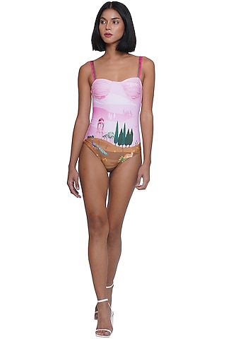 Pink Polyester Spandex Printed Monokini by Limerick By Abirr N' Nanki