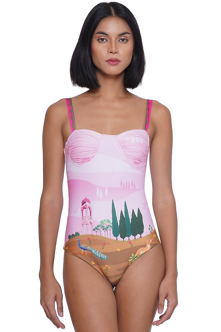 Pink Polyester Spandex Printed Monokini by Limerick By Abirr N' Nanki at Pernia's Pop Up Shop