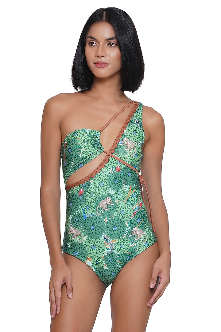 Green Spandex Blend Printed Monokini by Limerick By Abirr N' Nanki at Pernia's Pop Up Shop