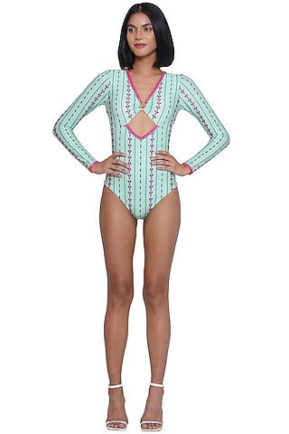 Green Spandex Blend Printed Monokini by Limerick By Abirr N' Nanki