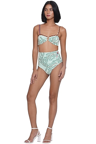 Green Polyester Spandex Printed Bikini Set by Limerick By Abirr N' Nanki