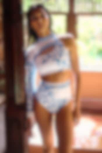 White & Blue Polyester Printed Bikini Set by Limerick By Abirr N' Nanki at Pernia's Pop Up Shop