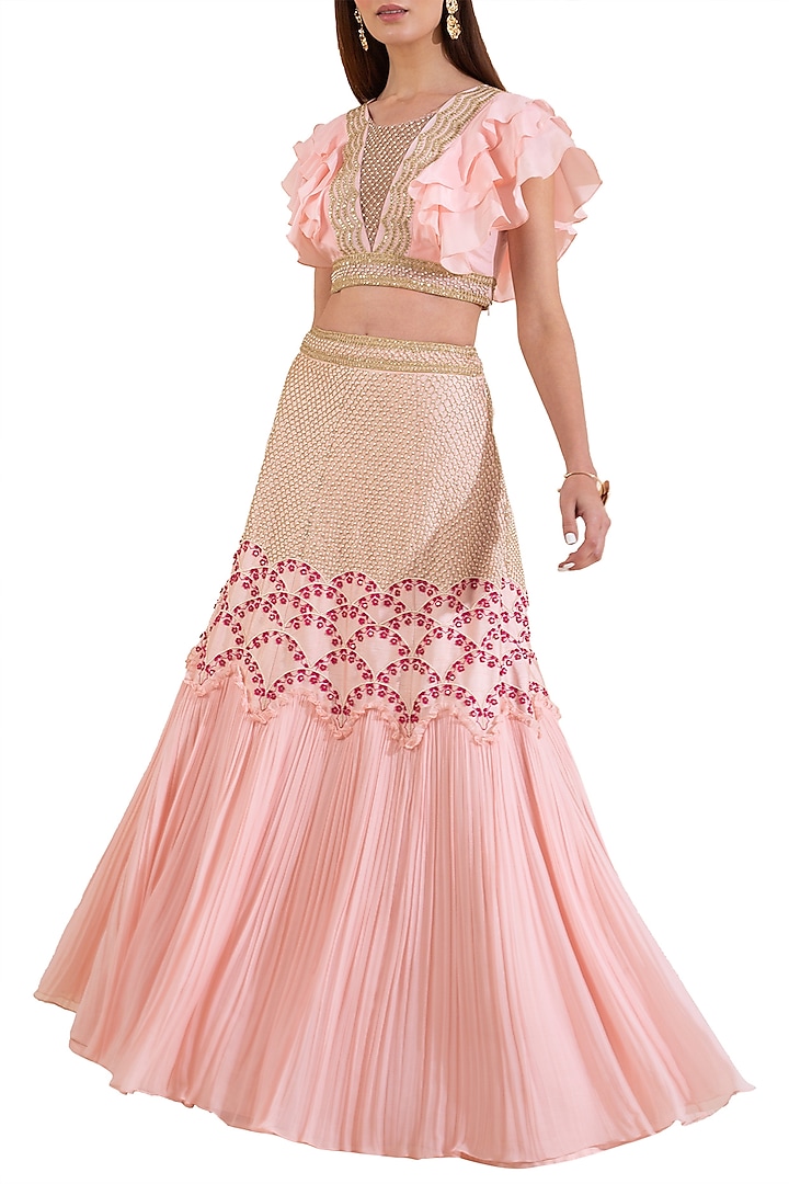 Pink Embroidered Blouse With Skirt by Limerick By Abirr N' Nanki