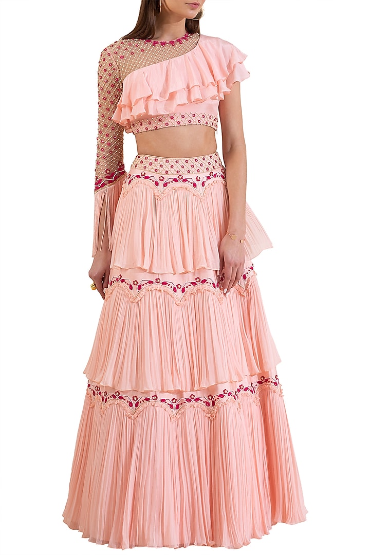 Pink Embroidered Blouse With Layered Skirt by Limerick By Abirr N' Nanki