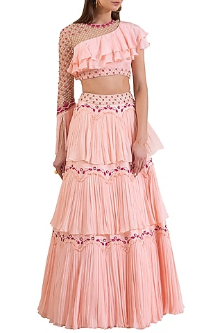 Pink Embroidered Blouse With Layered Skirt by Limerick By Abirr N' Nanki