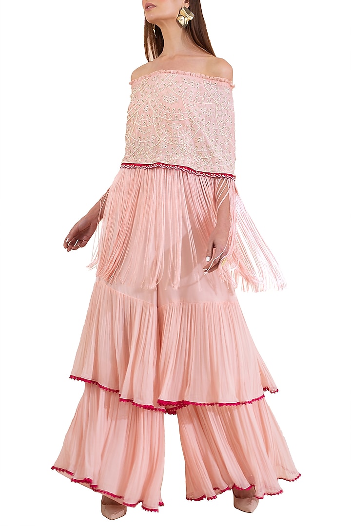 Pink Embroidered Off Shoulder Blouse With Palazzo Pants by Limerick By Abirr N' Nanki