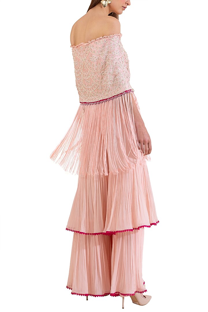 Pink Embroidered Off Shoulder Blouse With Palazzo Pants by Limerick By Abirr N' Nanki at Pernia's Pop Up Shop