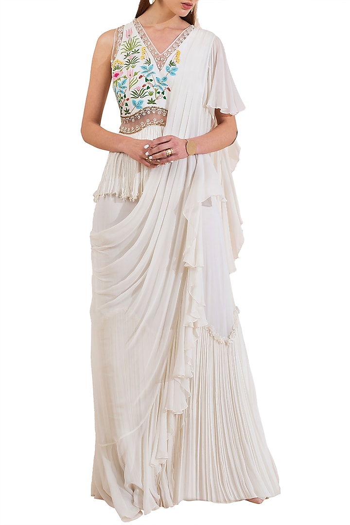 Ivory Embroidered Pre-Stitched Peplum Saree by Limerick By Abirr N' Nanki