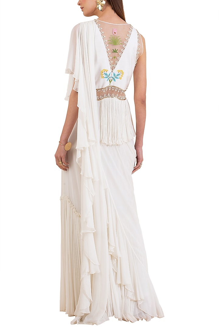 Ivory Embroidered Pre-Stitched Peplum Wedding Saree by Limerick By Abirr N' Nanki at Pernia's Pop Up Shop