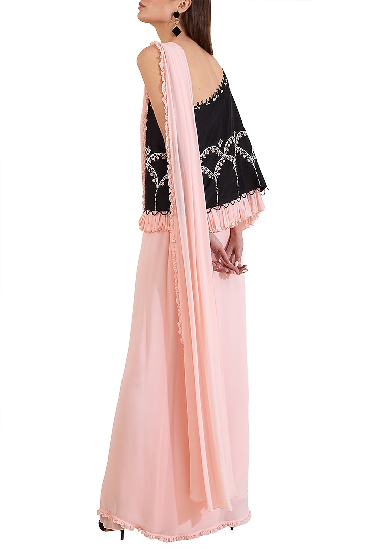 Pink & Black Embroidered Pre-Stitched Draped Party Wear Saree by Limerick By Abirr N' Nanki at Pernia's Pop Up Shop