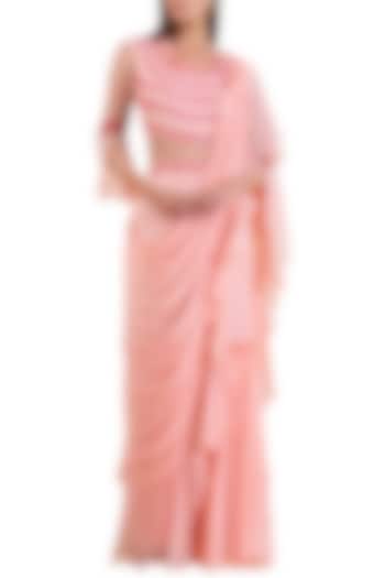 Pink Embroidered Pre-Draped Wedding Saree Set by Limerick By Abirr N' Nanki at Pernia's Pop Up Shop