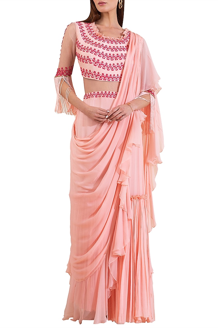 Pink Embroidered Pre-Draped Wedding Saree Set by Limerick By Abirr N' Nanki at Pernia's Pop Up Shop