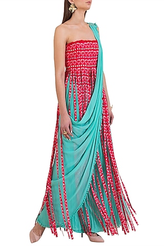 Coral & Turquoise Embroidered Printed Off Shoulder Top With Draped Pants by Limerick By Abirr N' Nanki