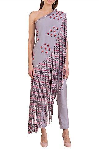 Lilac Embroidered Asymmetric Top With Pants by Limerick By Abirr N' Nanki
