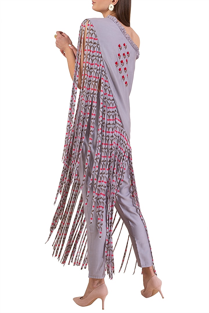 Lilac Embroidered Asymmetric Top With Pants by Limerick By Abirr N' Nanki at Pernia's Pop Up Shop