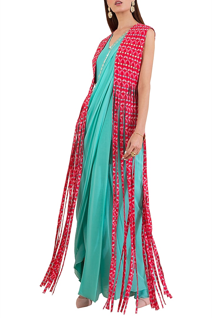 Turquoise Georgette Pre-Draped Saree With Printed Tassel Jacket by Limerick By Abirr N' Nanki
