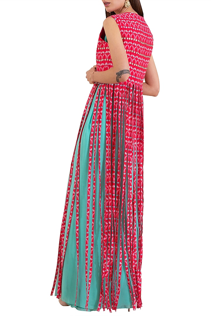 Turquoise Georgette Pre-Draped Wedding Saree With Printed Tassel Jacket by Limerick By Abirr N' Nanki at Pernia's Pop Up Shop