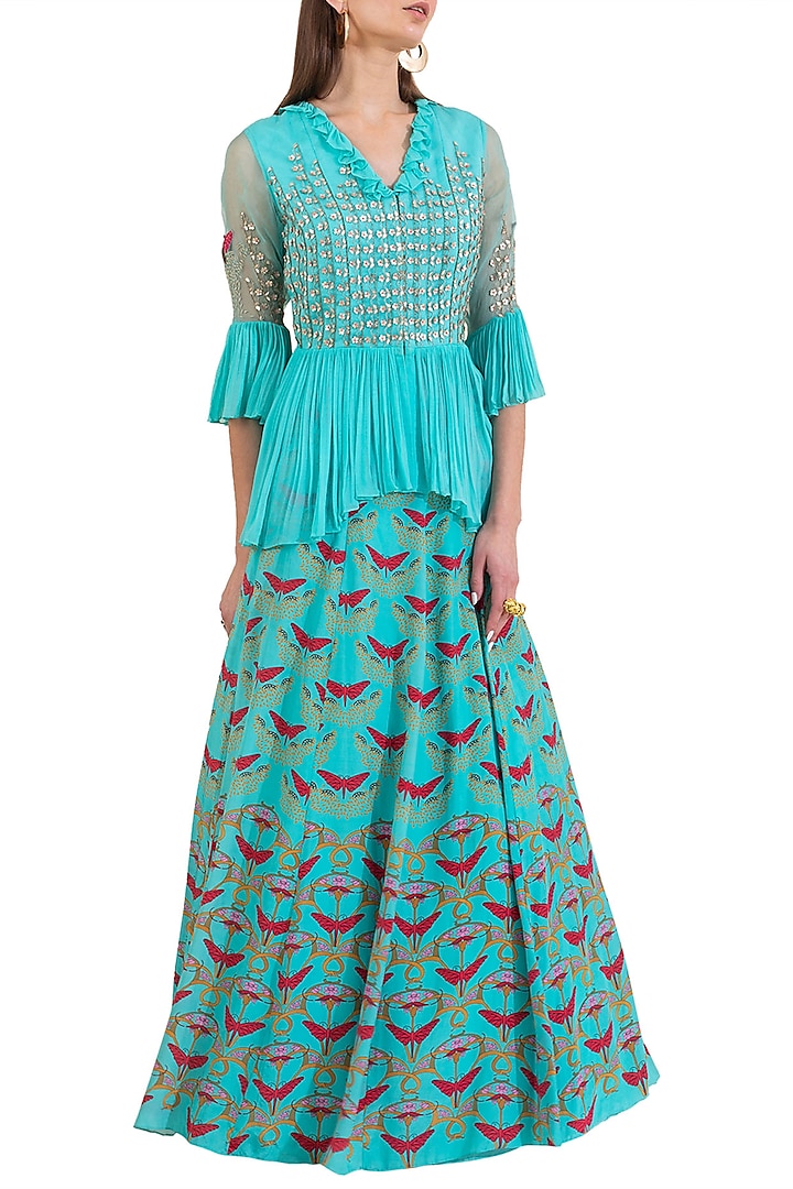 Turquoise Embroidered Printed Peplum Top With Skirt by Limerick By Abirr N' Nanki