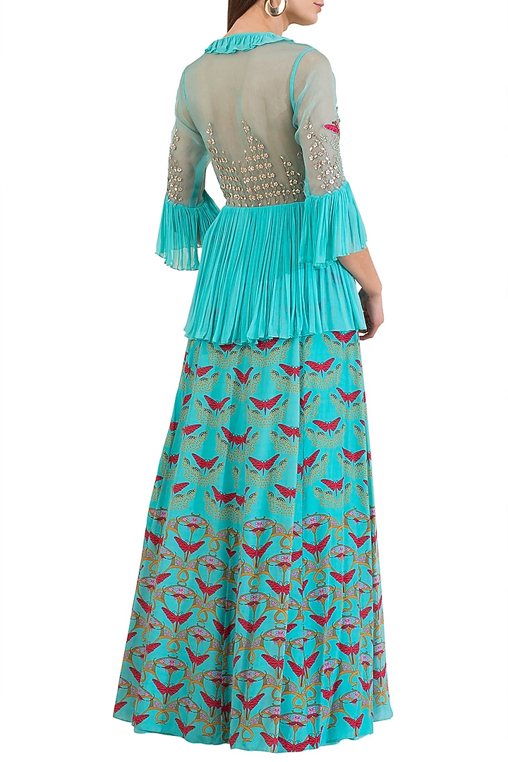 Turquoise Embroidered Printed Peplum Top With Skirt by Limerick By Abirr N' Nanki at Pernia's Pop Up Shop