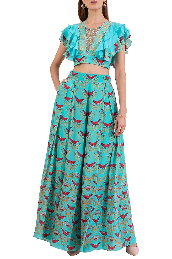 Turquoise Embroidered Blouse With Pleated Pants by Limerick By Abirr N' Nanki