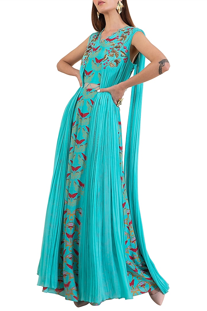 Turquoise Embroidered Printed Draped Dress by Limerick By Abirr N' Nanki