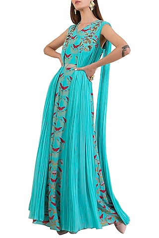Turquoise Embroidered Printed Draped Dress by Limerick By Abirr N' Nanki
