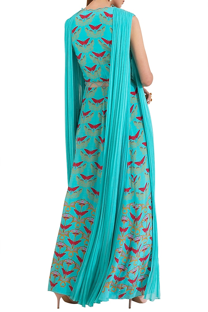 Turquoise Embroidered Printed Draped Cocktail Dress by Limerick By Abirr N' Nanki at Pernia's Pop Up Shop