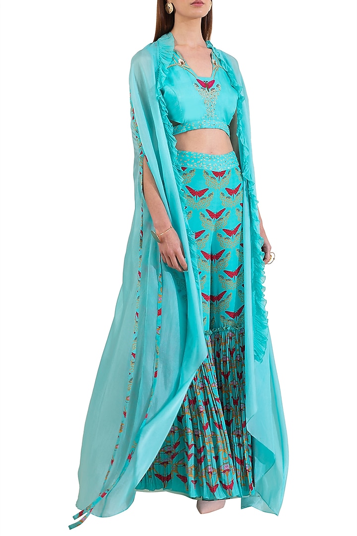 Turquoise Embroidered Blouse With Pants & Cape by Limerick By Abirr N' Nanki