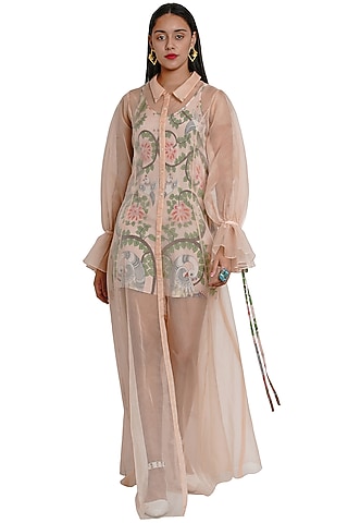 Blush Pink Jacket With Printed Dress by Limerick By Abirr N' Nanki