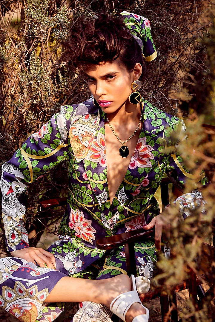 Navy Blue Printed Jacket by Limerick By Abirr N' Nanki at Pernia's Pop Up Shop