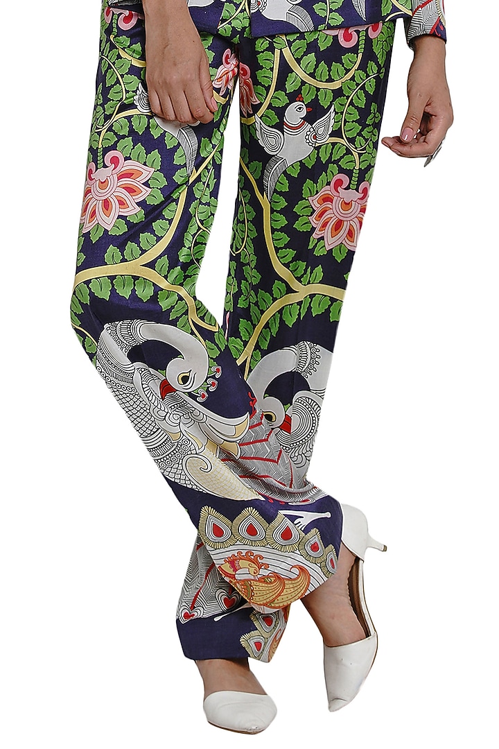 Navy Blue Printed Flared Pants by Limerick By Abirr N' Nanki at Pernia's Pop Up Shop