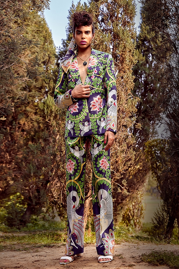 Navy Blue Printed Flared Pants by Limerick By Abirr N' Nanki at Pernia's Pop Up Shop