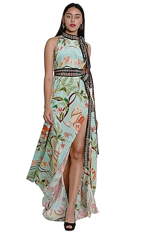 Green Hand Embroidered & Printed Maxi Dress by Limerick By Abirr N' Nanki
