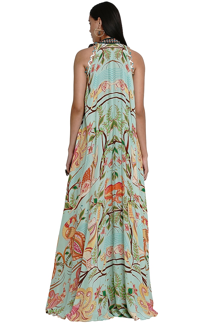 Green Hand Embroidered & Printed Maxi Vacation Dress by Limerick By Abirr N' Nanki at Pernia's Pop Up Shop