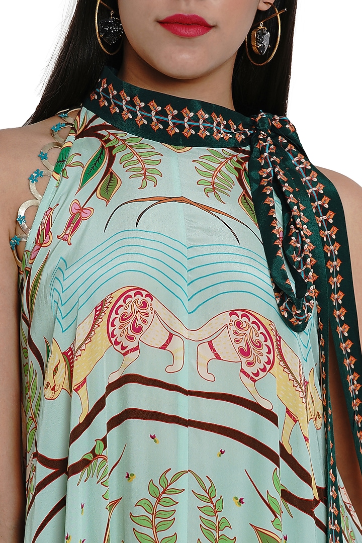 Green Hand Embroidered & Printed Maxi Vacation Dress by Limerick By Abirr N' Nanki at Pernia's Pop Up Shop