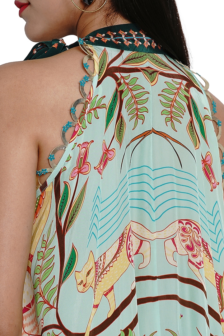 Green Hand Embroidered & Printed Maxi Vacation Dress by Limerick By Abirr N' Nanki at Pernia's Pop Up Shop