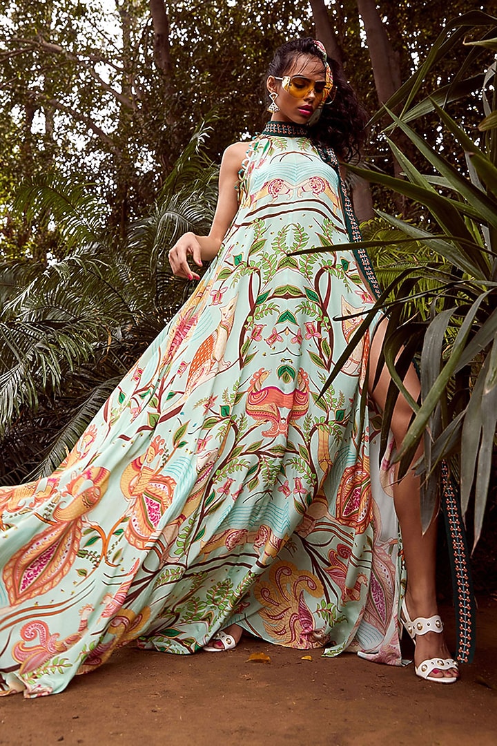 Green Hand Embroidered & Printed Maxi Vacation Dress by Limerick By Abirr N' Nanki at Pernia's Pop Up Shop